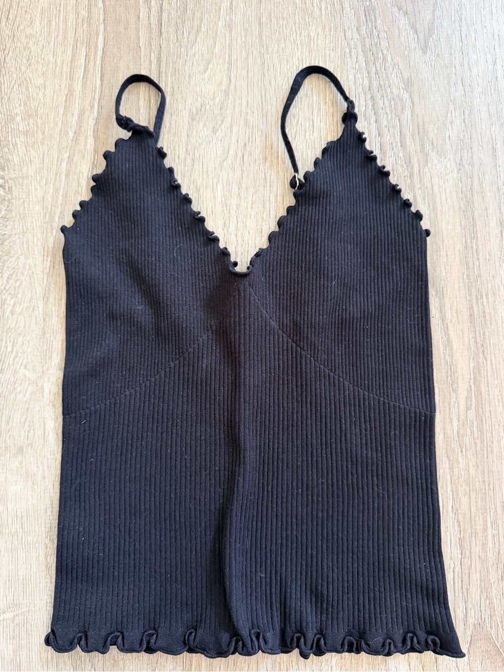 Free People Black Ribbed Lettuce-Edge Camisole